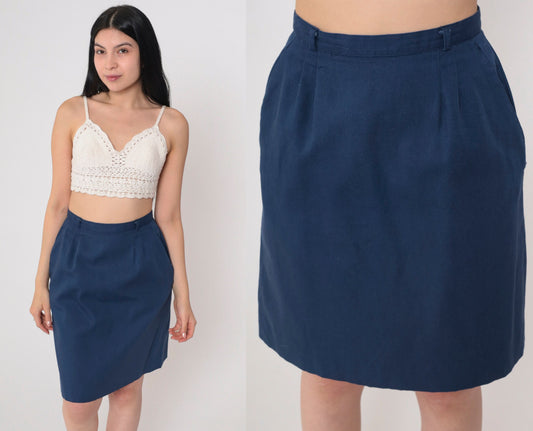 70s John Meyer Navy Pleated Mini Skirt High Waist Straight Cut Extra Small
