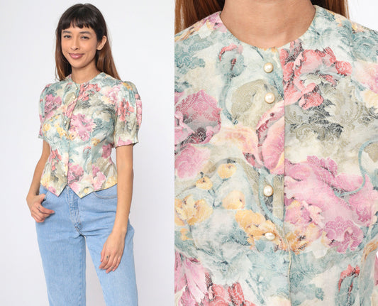 80s Damask Floral Button-Up Blouse Lavender Puff Sleeve Pearl Buttons Small