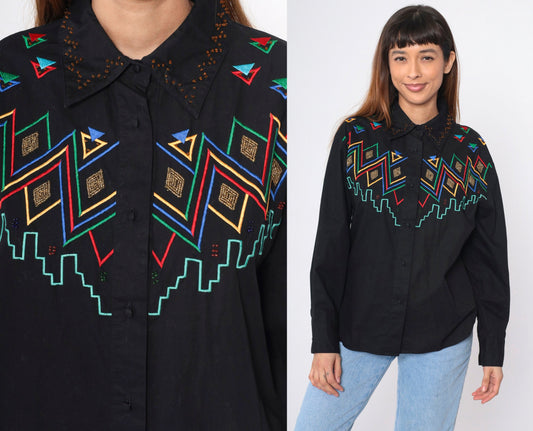 90s Southwest Embroidered Beaded Black Cotton Button Up Blouse Large L