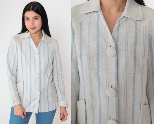 70s Striped Button-Up Blouse Grey Blue Vertical Stripes Collared V-Neck Medium