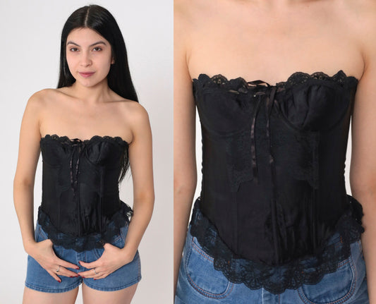 90s Victoria's Secret Black Lace Bustier Underwire Sweetheart Neckline Small