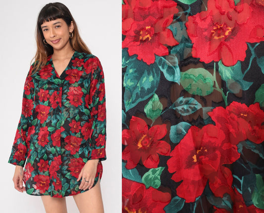 90s Victoria's Secret Floral Burnout Nightgown Long Sleeve Button Up Mini Red Small