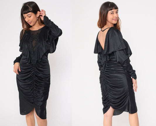 80s Black Beaded Midi Dress Cape Sleeve Open Back Ruched Medium