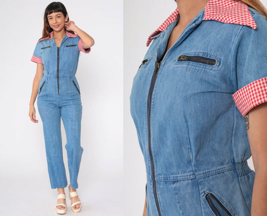 70s Blue Denim Jumpsuit Red Gingham Collar Short Sleeve Straight Leg Small