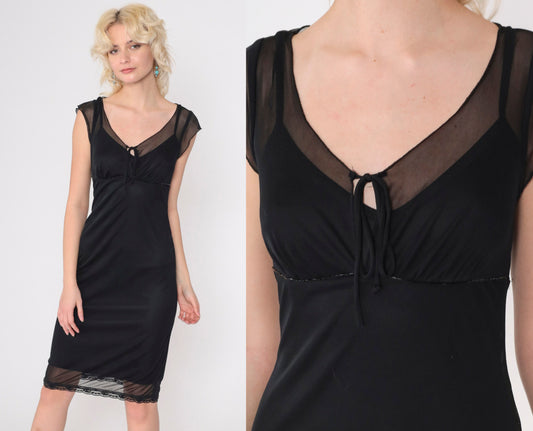00s Black Beaded Midi Dress Sheer Cap Sleeve Empire Waist Keyhole Tie Neck Small