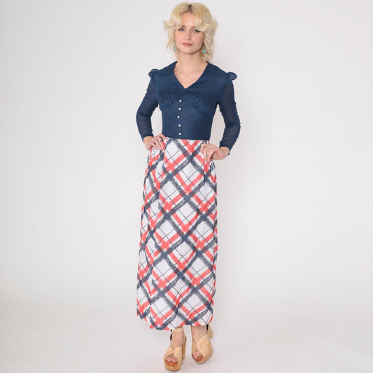 70s Checkered Maxi Dress Puff Sleeve High Waist Dark Blue Red White XXS