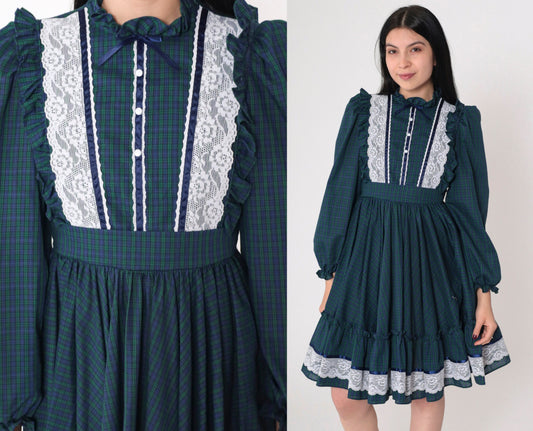 60s Plaid Mini Dress Puff Sleeve High Waisted Lace Trim Extra Small