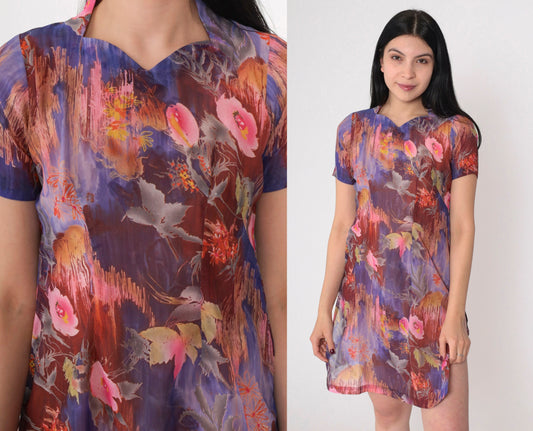 60s Floral Mini Dress Mod Psychedelic Print Purple Pink Cotton Short Sleeve XS