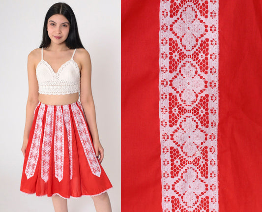 80s Red Lace Trim Mini Skirt White Floral High Waist Extra Small