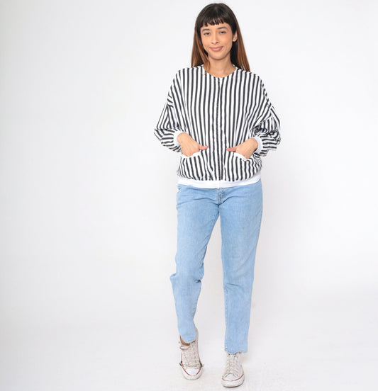 80s Black White Striped Cotton Shacket Hidden Snap Jacket Medium