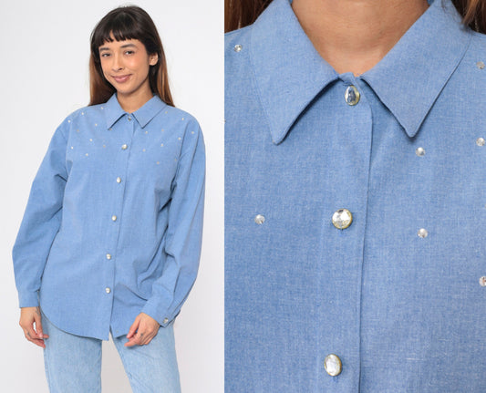 90s Blue Chambray Blouse Rhinestone Studs Long Sleeve Collared Shirt Large
