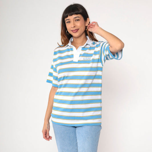80s UCLA Bruins Striped Polo Shirt White Blue Gold Embroidered Medium