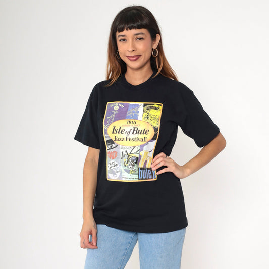 1992 Isle of Bute Jazz Festival 10th Anniversary T-Shirt Black Graphic Tee Medium