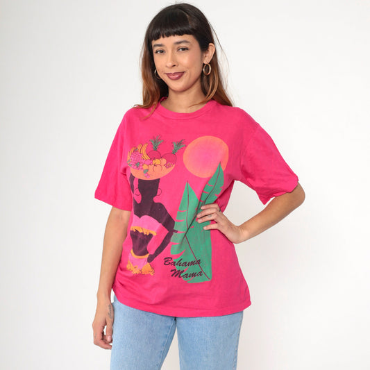 80s Bahama Mama Tropical Graphic T-Shirt Hot Pink Cotton Tee Medium