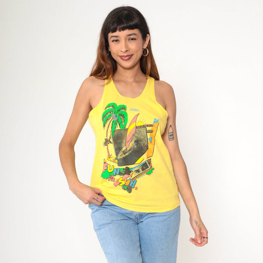 90s Aruba Windsurfing Tank Top Yellow Graphic Caribbean Small