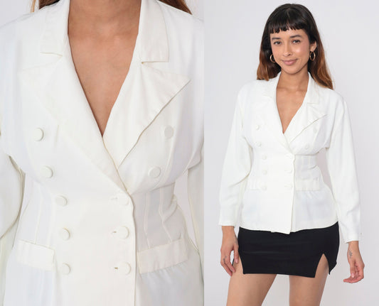 90s White Double Breasted Blazer Peak Lapel Princess Seam Small S