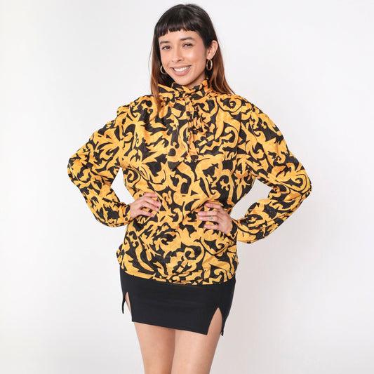 90s Anne Klein Baroque Blouse Puff Sleeve Ascot Neckline Black Gold Large 14