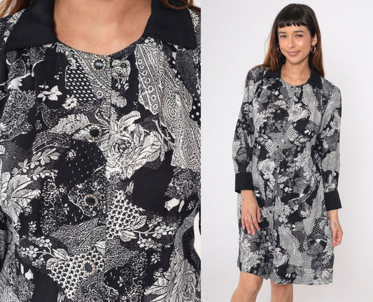 90s Patchwork Paisley Floral Mini Dress Black White Button Up Long Sleeve Medium
