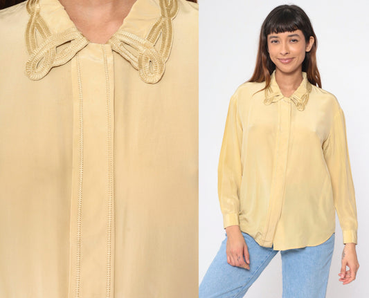 90s Rafaella Silk Cutwork Blouse Yellow Long Sleeve Hidden Button Small