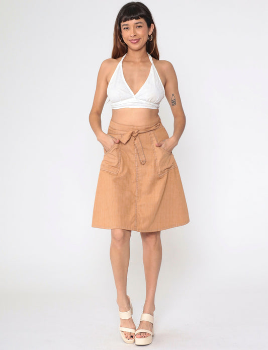 70s Madewell Wrap Skirt Tan Patch Pocket High Waist Knee Length Small