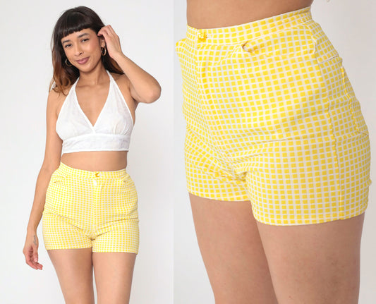 70s Yellow Grid Print High-Rise Shorts Four-Pocket Small