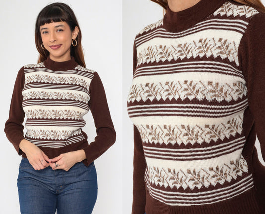 70s Leaf Print Mock Neck Sweater Brown White Striped Knit Extra Small