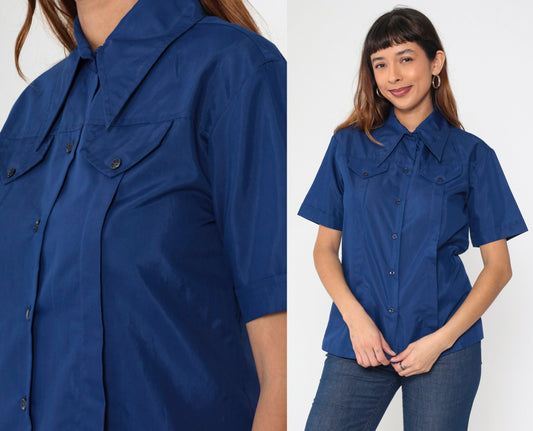 70s Navy Button-Up Shirt Pleated Dagger Collar Short Sleeve Medium