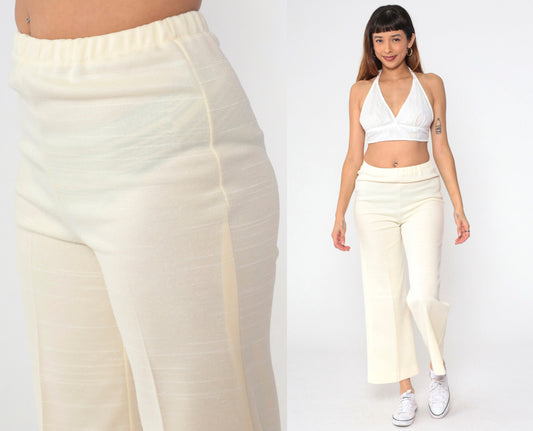 70s Cream Bell Bottom Pants High Waist Flared Leg Elastic Waist Small Medium