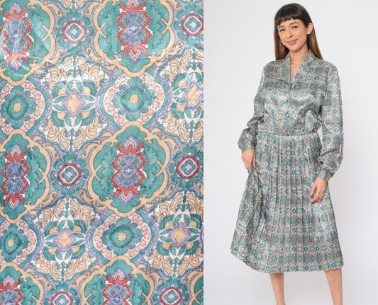 80s Shirtwaist Midi Dress Floral Mandala Print High Waisted Pleated Medium