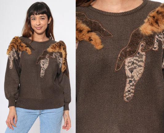 80s Brown Beaded Faux Fur Knit Sweater Dolman Sleeve Crewneck Medium