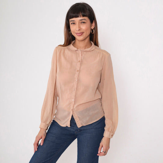 70s Tan Gauze Blouse Peter Pan Collar Button Up Long Sleeve Small