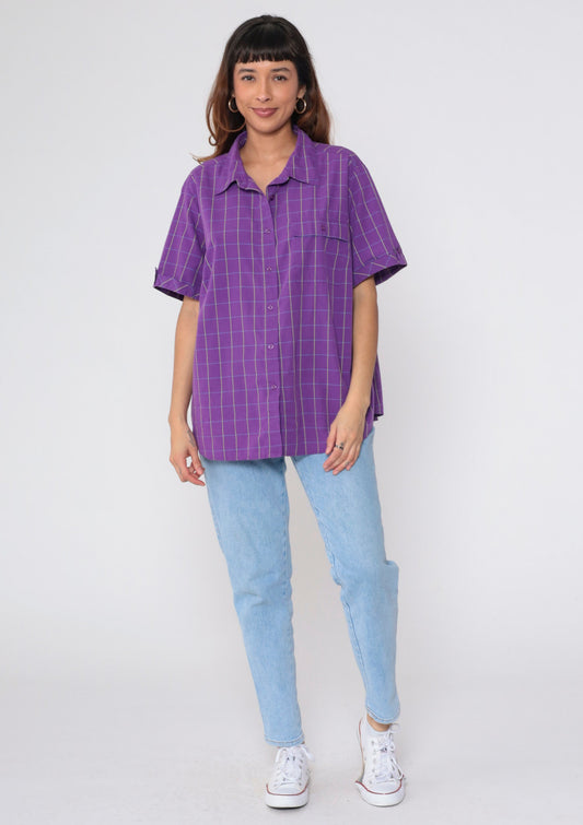 90s Purple Checkered Button-Up Blouse Short Sleeve Preppy Plus Size 18W