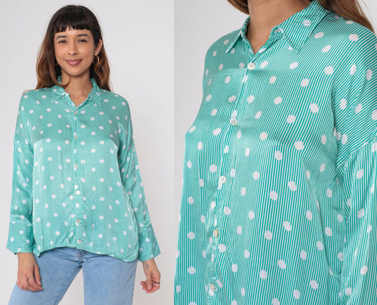 90s Fil Noir Green White Polka Dot Striped Button Up Blouse Long Sleeve Small