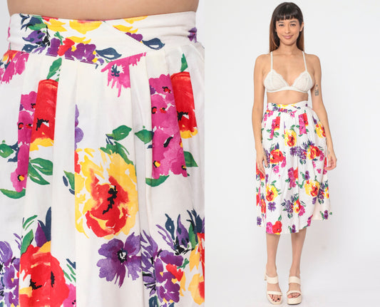 90s Worthington White Floral Pleated Midi Skirt High Waist Pockets Small