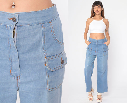 70s Sears Flared Jeans High Waist Blue Denim Elastic Back Medium