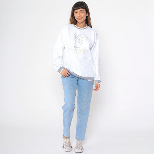 90s Key West Florida Sweatshirt White Graphic Beach Palm Ringer Large L
