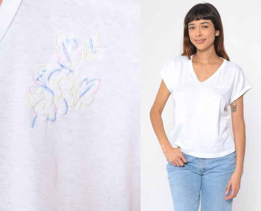 80s Allana of New York Floral Embroidered T-Shirt White Cap Sleeve V-Neck Large