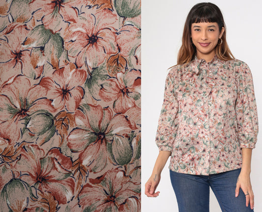 70s Floral Ascot Blouse with 3/4 Puff Sleeves Button-Up Medium