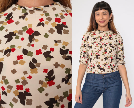 70s Cream Floral Abstract Crop Top Blouse Bow Neckline Raglan Sleeve Extra Small