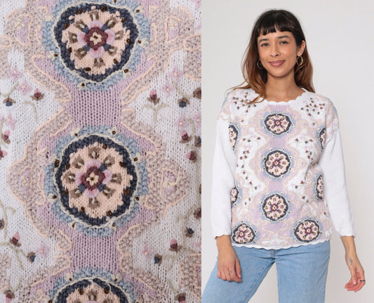90s Floral Knit Sweater White Embroidered Glitter Scalloped Pullover Small