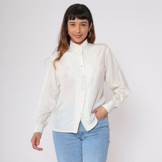 80s White Pearl Beaded Blouse Soutache Stand Collar Button-Up Medium