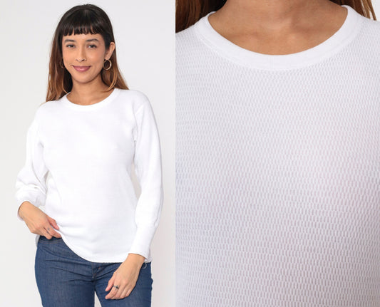 80s White Thermal Waffle Knit Long Sleeve Undershirt Small