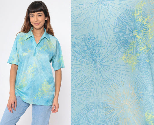 70s Lilly Dasche Blue Dandelion Floral Button-Up Shirt Raglan Large L