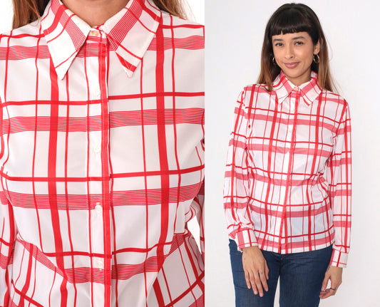 70s Jack Winter Plaid Button-Up Blouse Red White Dagger Collar Medium