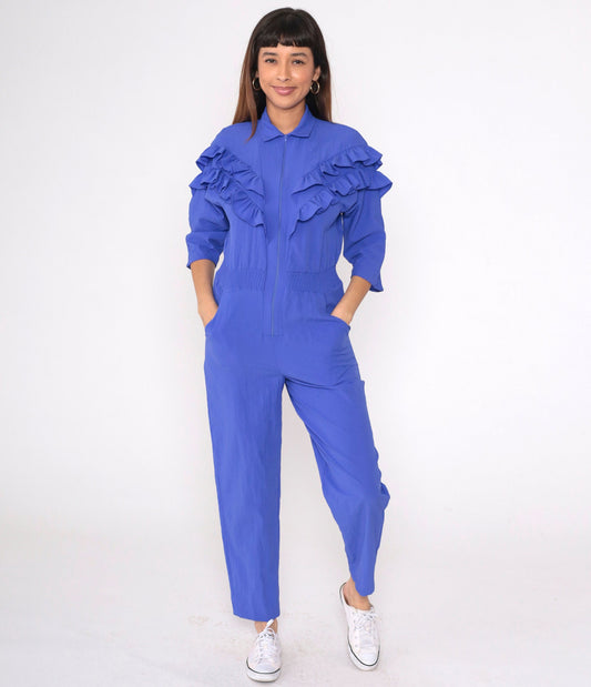 80s Purple Ruffled Jumpsuit High Waisted Tapered Zipper Front 3/4 Sleeve Medium Petite