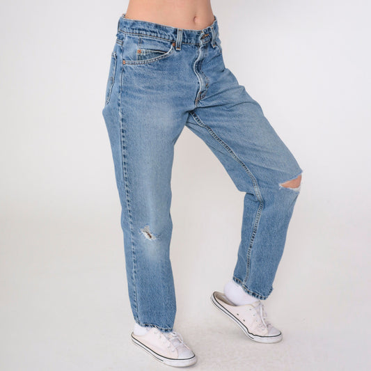 90s Levi's 555 Relaxed Straight Leg Jeans Distressed Blue Denim 31x30