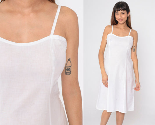 80s White Spaghetti Strap Midi Sundress Princess Seam Small