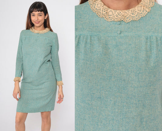 60s Mod Shift Dress Seafoam Wool Blend Lace Collar Long Sleeve Small