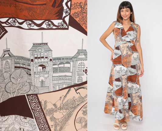 70s Patchwork Architecture Maxi Dress V-Neck Wrap High Waist Orange Brown Medium