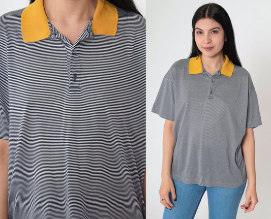 90s Della Rovere Polo Shirt Navy Striped Yellow Collar Quarter Button Large